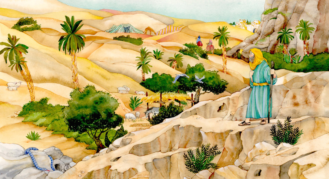 Illustration Melanie Brockamp Bibel Moses Wüste Felsen Palmen