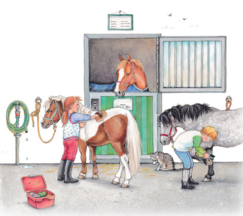 Illustration Melanie Brockamp Pferde striegeln Stall Hufe